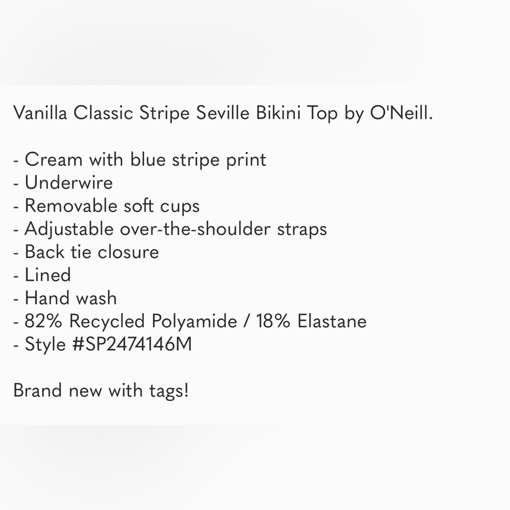 O'Neill VANILLA Classic Stripe Seville Bikini Swim Top, US D *see note - Picture 6 of 10